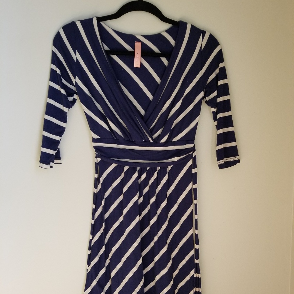 Navy khaki stripe Modcloth Gilli S Surplice Dress
